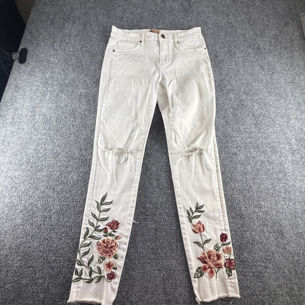 Driftwood Womens Floral Embroidered Distressed White Jeans Classic Fit Size 28